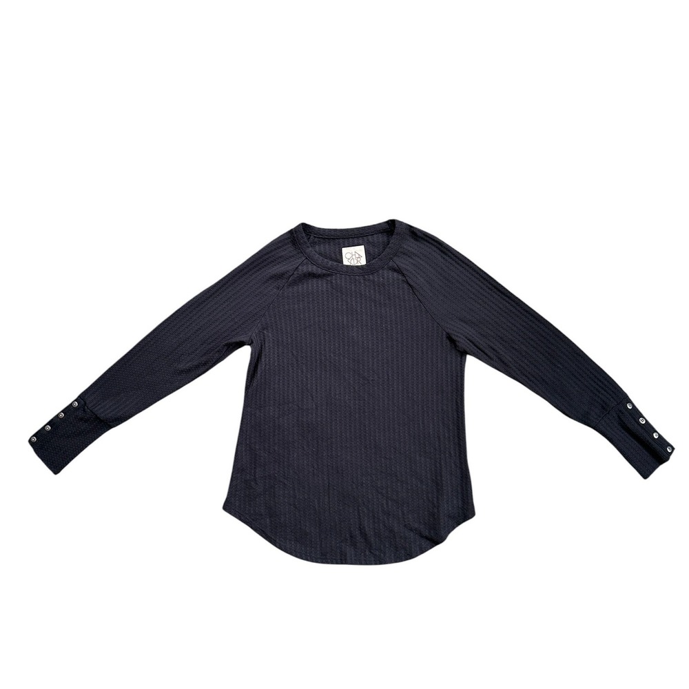 Chaser Waffle Knit Thermal Top Women Size M Black Button Cuff Raglan Excellent